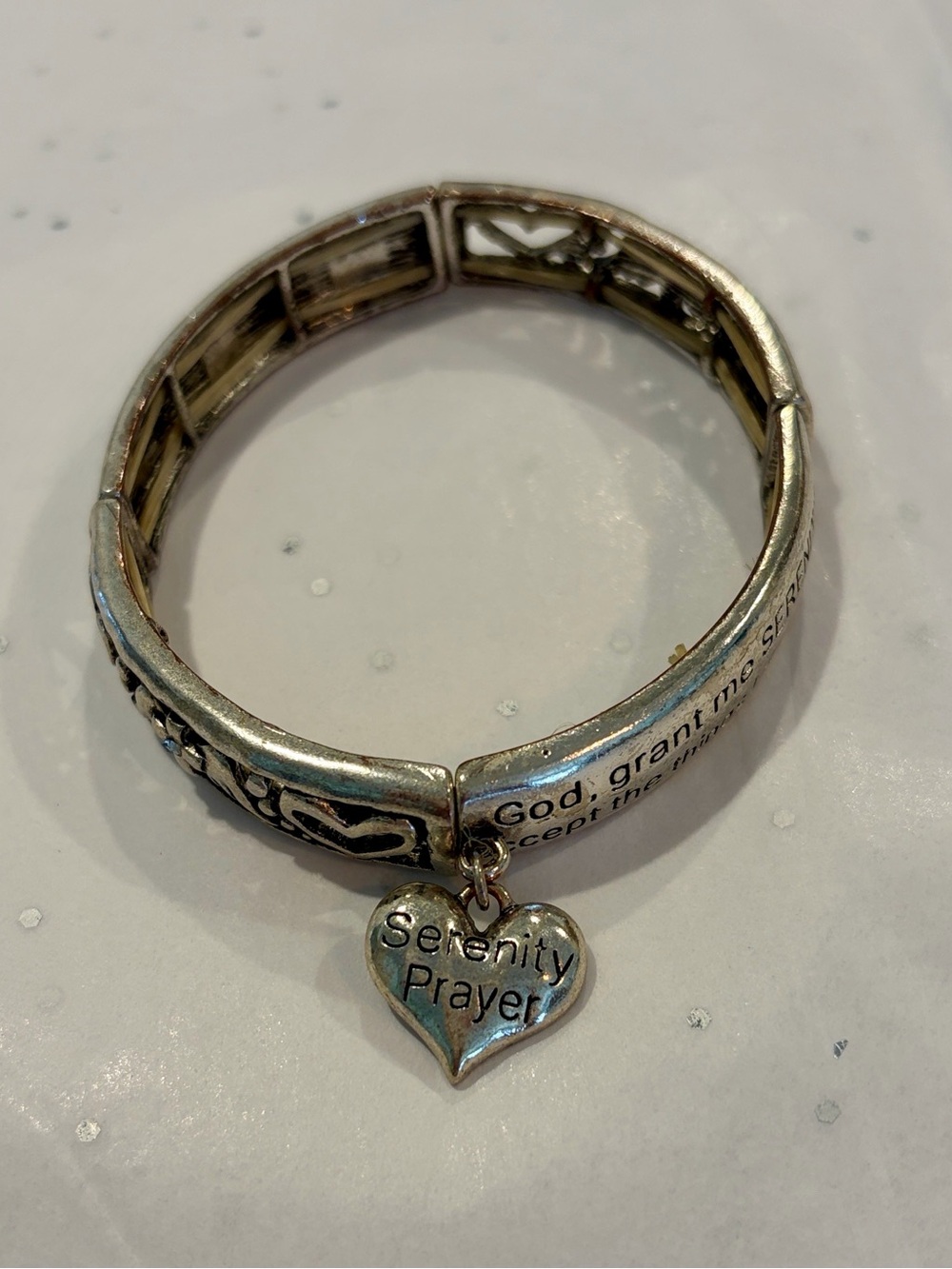 Silver Serenity Prayer Heart Charm Stretch Bracelet